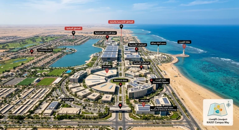KAUST map التفاعلية تُظهر توزيع المباني الأكاديمية والسكنية